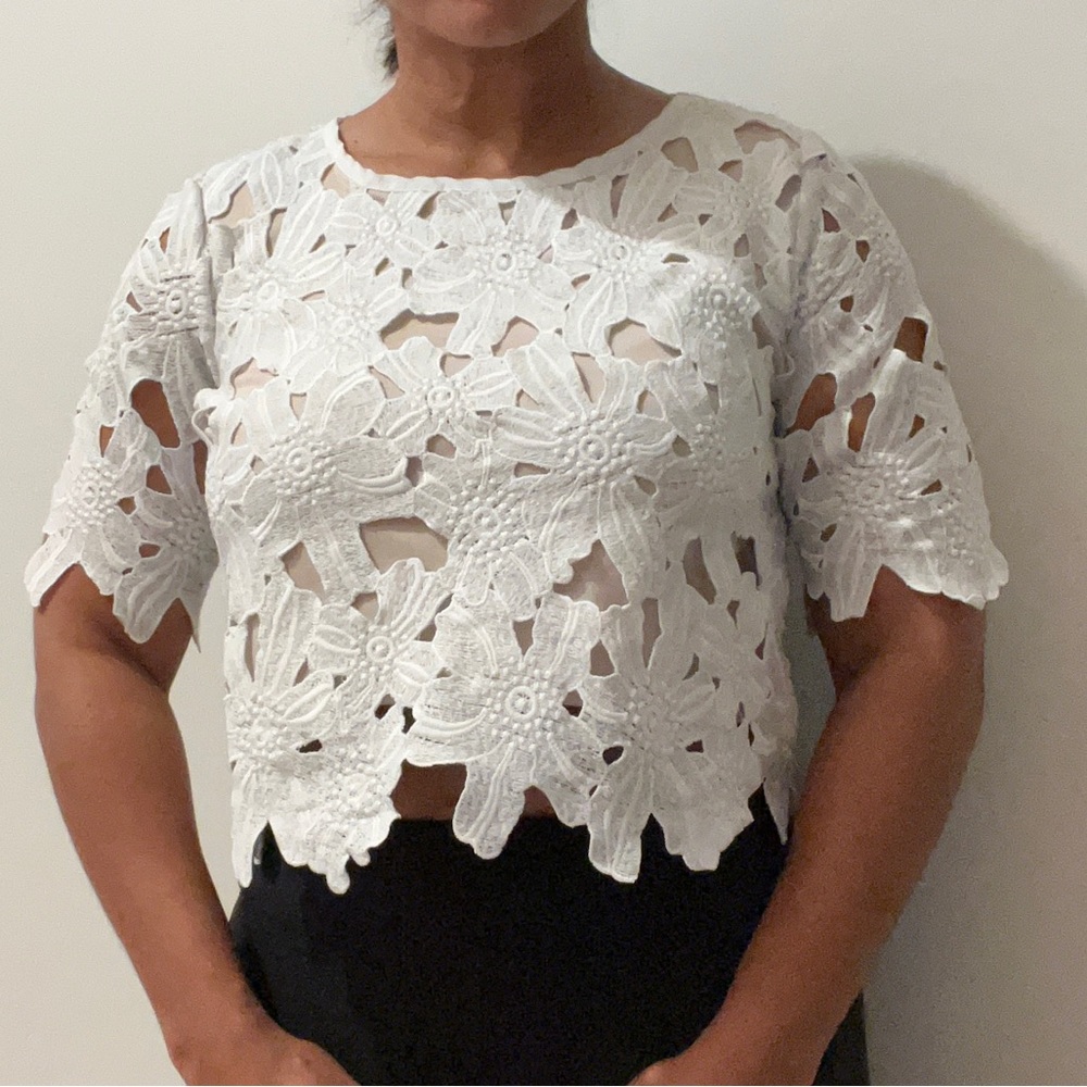 BAR III WHITE IVORY BEIGE LACE CROCHET PENCIL DRESS TOP